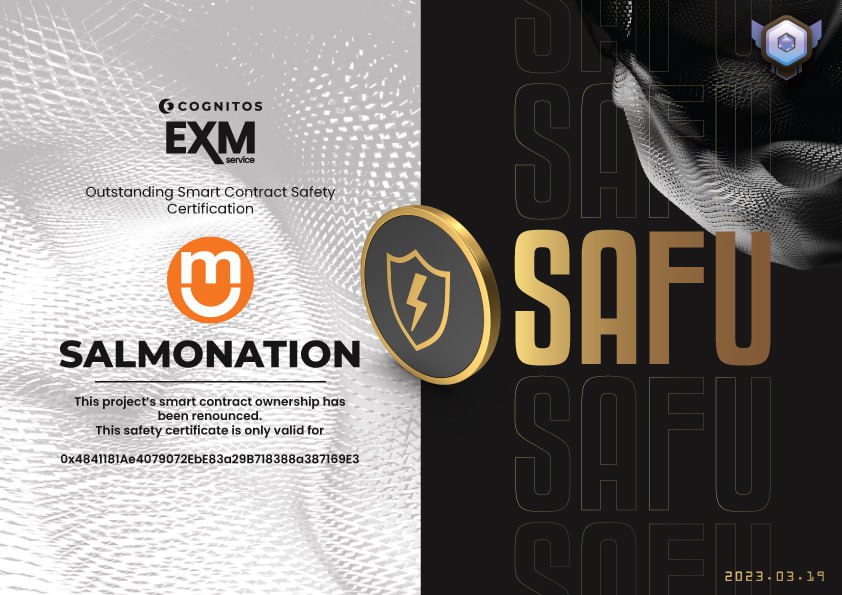 BeOne_Salmon's tweet photo. 🎉 Big news for the #Salmonation community! We've just received a SAFU Certificate from Cognitos, proving our commitment to security &amp; trustworthiness 🔒🌟 #BlockchainSecurity #CryptoTrust #SmartContractAudit https://t.co/icmGYpyfEL