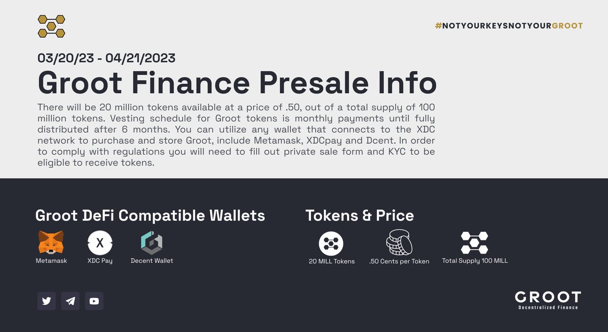 🌱🎉 Introducing #GrootDeFi! 20M tokens available at $0.50 each (total supply: 100M). Vesting: monthly payments over 6 months. Use wallets like #MetaMask, #XDCpay, or #Dcent that connects to the XDC network. Remember: fill out the private sale form &amp; complete KYC for eligibility