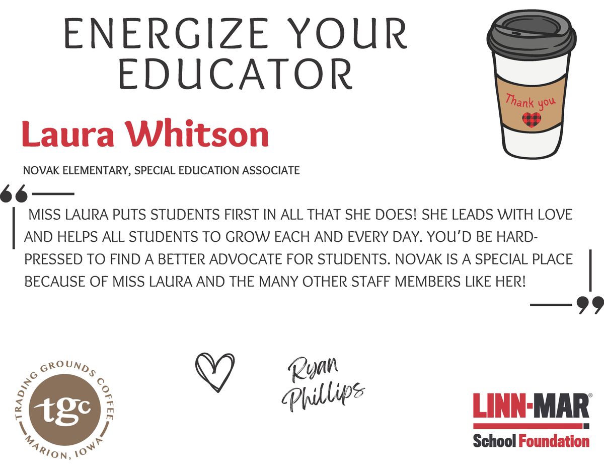 ENERGIZE YOUR EDUCATOR ☕ Congratulations, and thank you❤️🖤

Laura Whitson - Novak Elementary - Special Education Associate

Sponsored by Trading Grounds