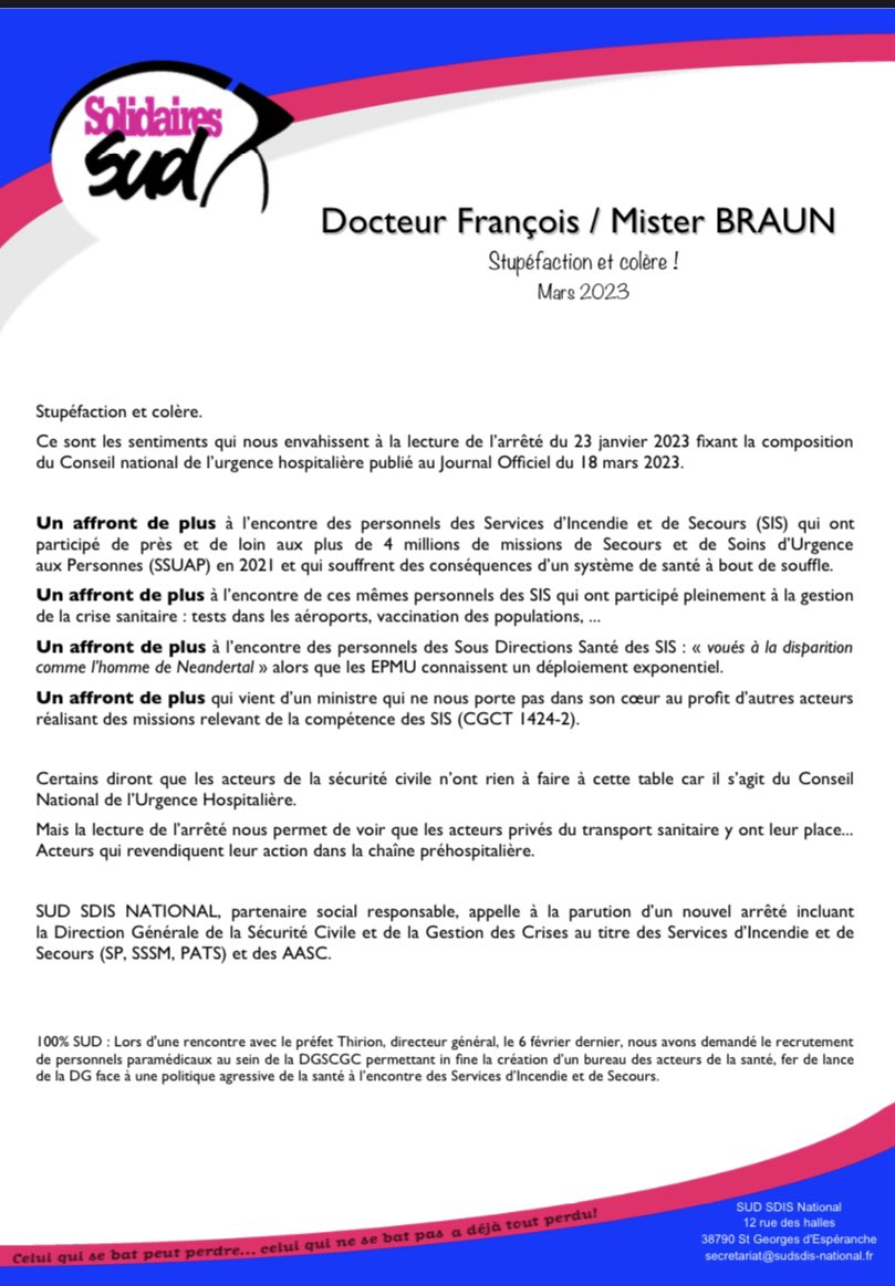Oui les <a href="/PompiersFR/">Pompiers de France</a> sont des acteurs de l’UH tout comme le sont les TSP.
La <a href="/SecCivileFrance/">Sécurité Civile</a> doit siéger à ce Conseil. 
Nous appelons <a href="/GDarmanin/">Gérald DARMANIN</a> à écrire à <a href="/FrcsBraun/">François Braun</a> afin qu’un nouvel arrêté paraisse.