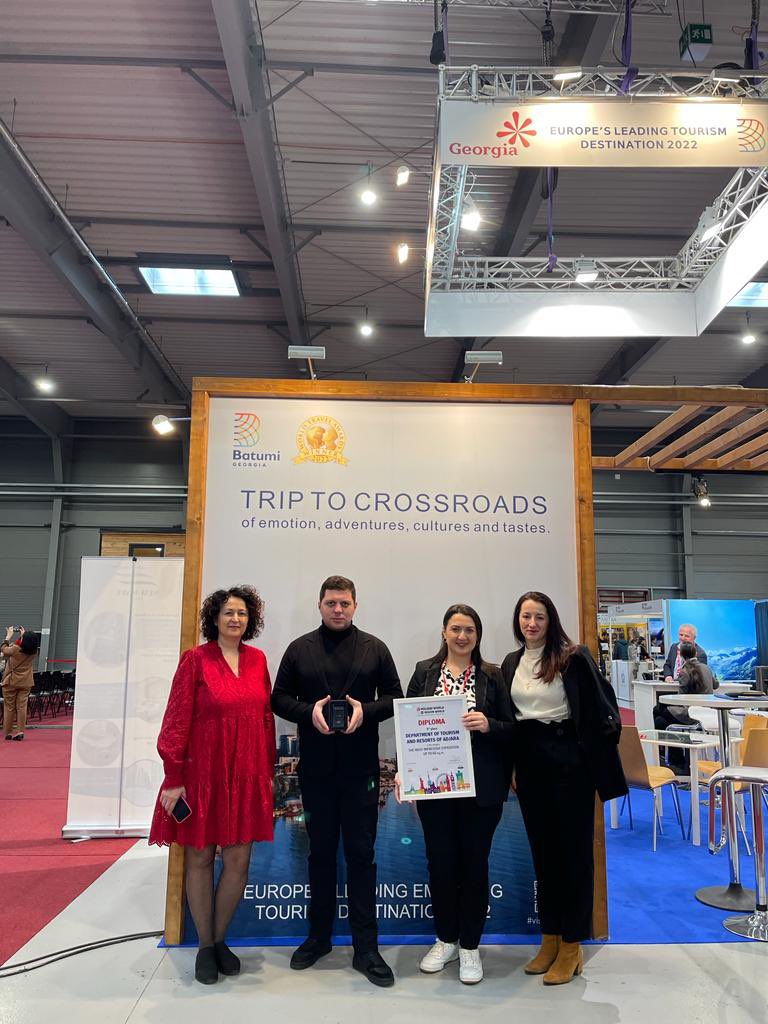 GeorgiainPrague's tweet photo. The department of tourism and resorts of #Ajara received the award for one of the most impressive expositions 🏆.
#Batumi, one of the most popular tourist destinations, receives around 3 million visitors each year🙌🏻.
#VisitBatumi #GNTA #tourism #Georgia #holidayworld https://t.co/gxEztoVxrZ
