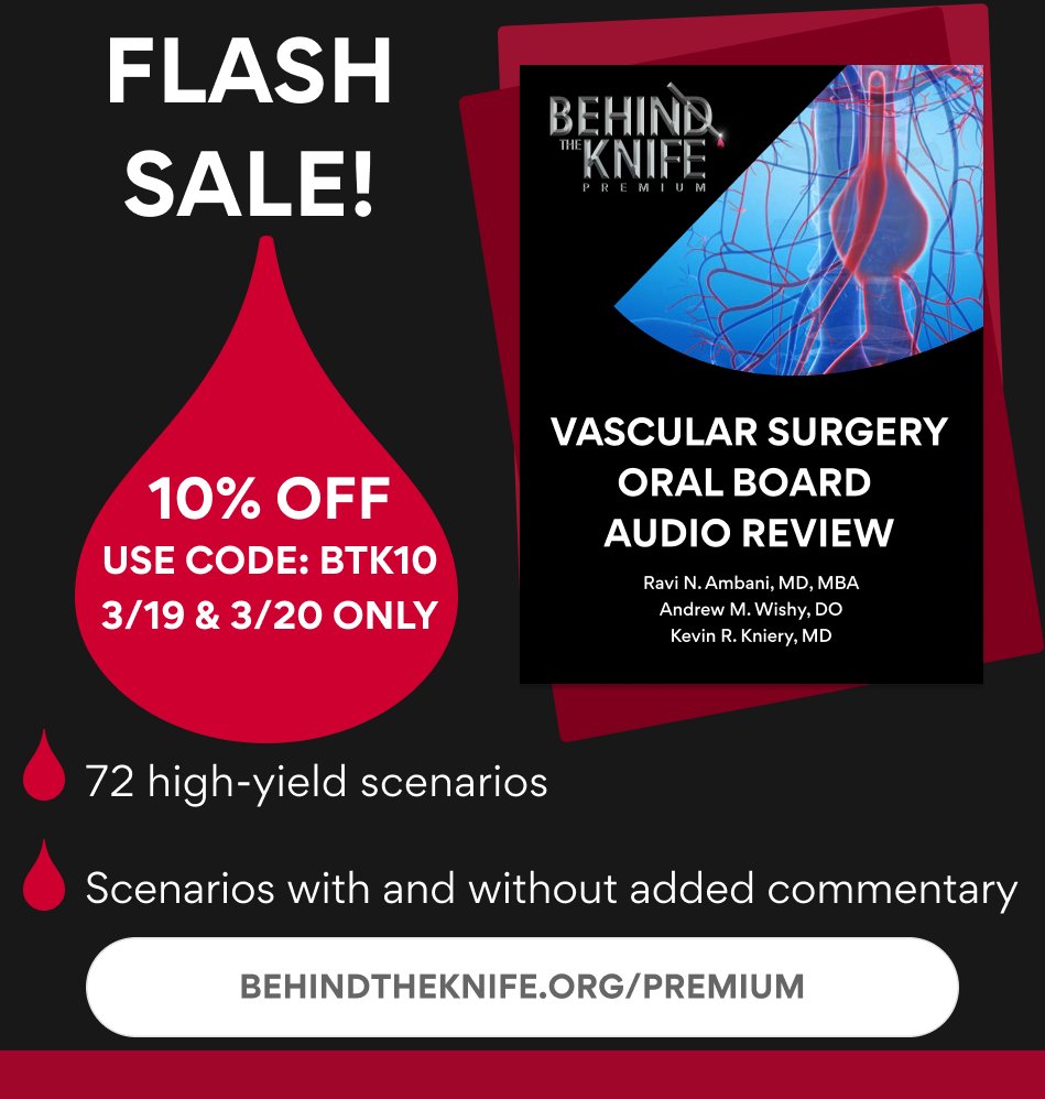 The vascular surgery oral board exam is right around the corner! Our audio review has got you covered with 72 high-yield scenarios. 👇 Discount code below 👇 behindtheknife.teachable.com/p/btk-vascular… Don't forget to check out the 4 sample scenarios.