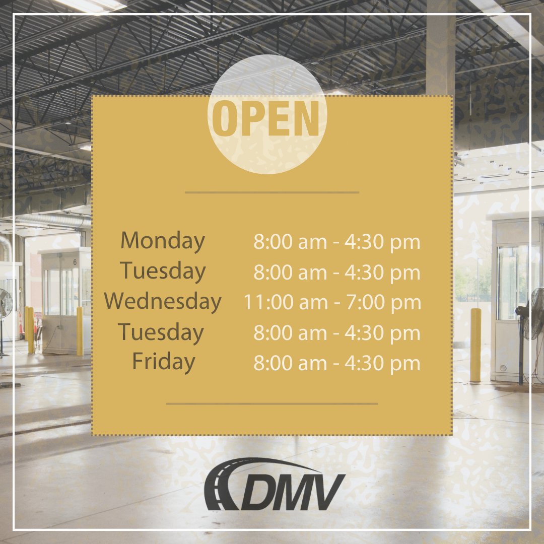 DelawareDMV's tweet image. ⏱️ Just a heads up we’re open:
Monday, Tuesday, Thursday &amp;amp; Friday: 8:00 am - 4:30 pm. 
Wednesday: 11:00 am - 7:00 pm. #WelcometoDMV #HowCanWeHelpYou