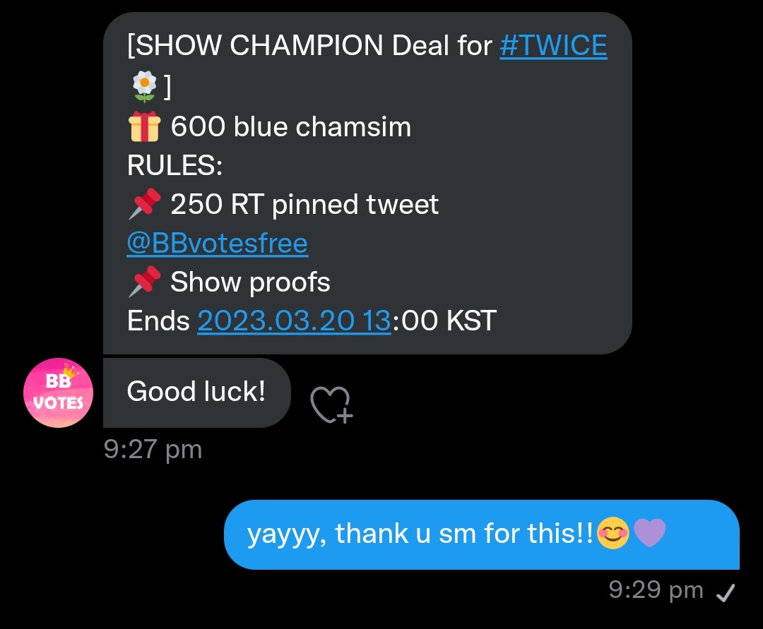 sanataxitaxi2's tweet photo. SPREAD!🗣️

ONCES! OUR 6TH RT DEAL FOR #TWICE

[SHOW CHAMPION Deal for #TWICE🌼]
🎁 600 blue chamsim
RULES:
📌 250 RT pinned tweet @BBvotesfree
📌 Show proofs
Ends 2023.03.20 13:00 KST

tysm for this!😸💜 https://t.co/8WaZtNlktJ