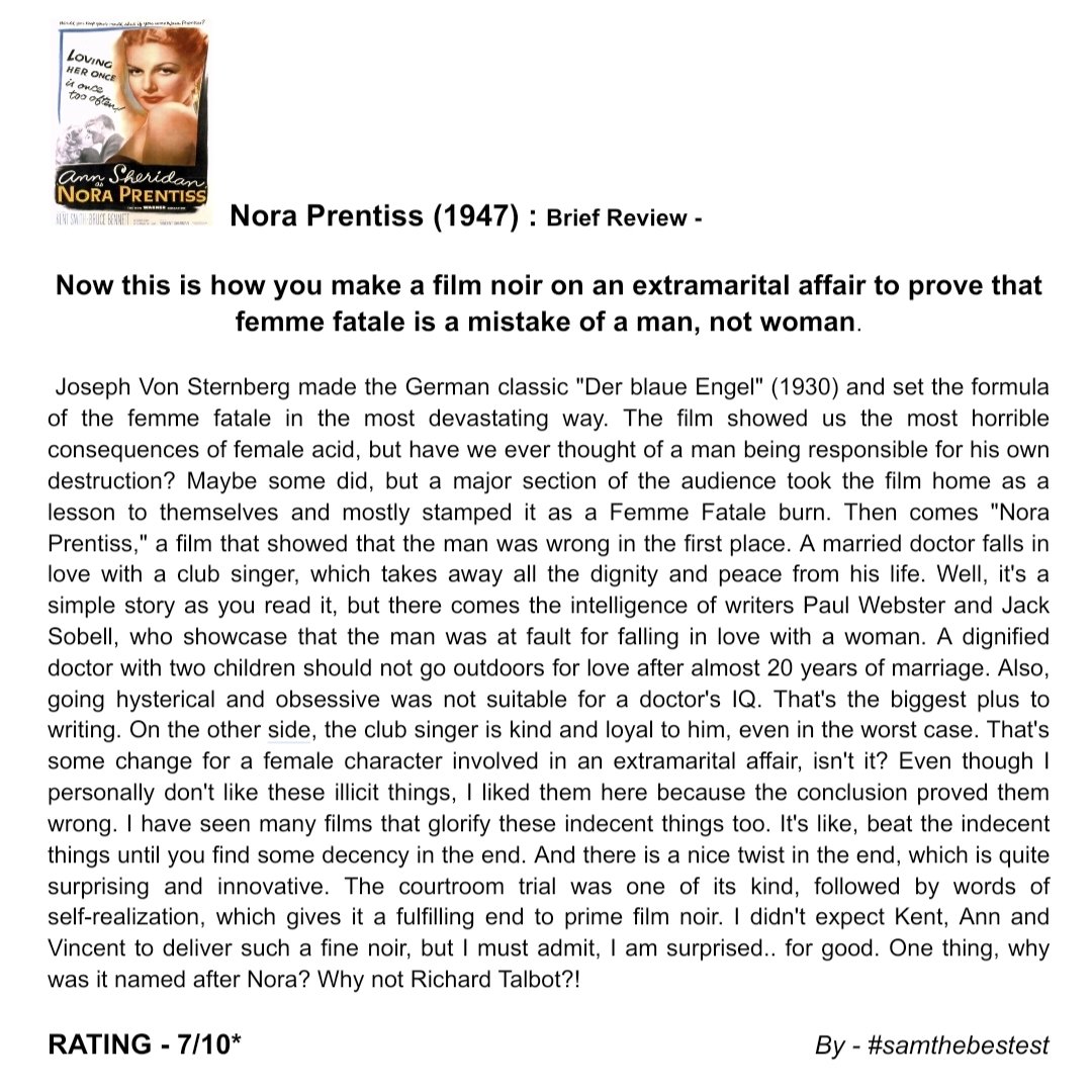 SAMTHEBESTEST_'s tweet photo. Watched #NoraPrentiss (1947):
Now this is how you make a film noir on an extramarital affair to prove that femme fatale is a mistake of a man, not woman.
RATING - 7/10*
#vincentsherman #annsheridan #kentsmith #robertalda #brucebennett #rosemarydecamp #johnridgely #wandahwndrix https://t.co/S21WNWWTqX