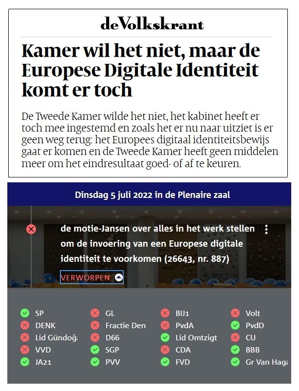 Gerard1945X's tweet photo. Kamer wil geen Europese Digitale Identiteit???.....
Een meerderheid van de Tweede Kamer (coalitiepartijen en hun meelopers) hebben vorig jaar nota bene de motie verworpen om alles in het werk te stellen om de invoering van een Europese Digitale Identiteit te voorkomen. #EID https://t.co/5HMwgMbsvZ
