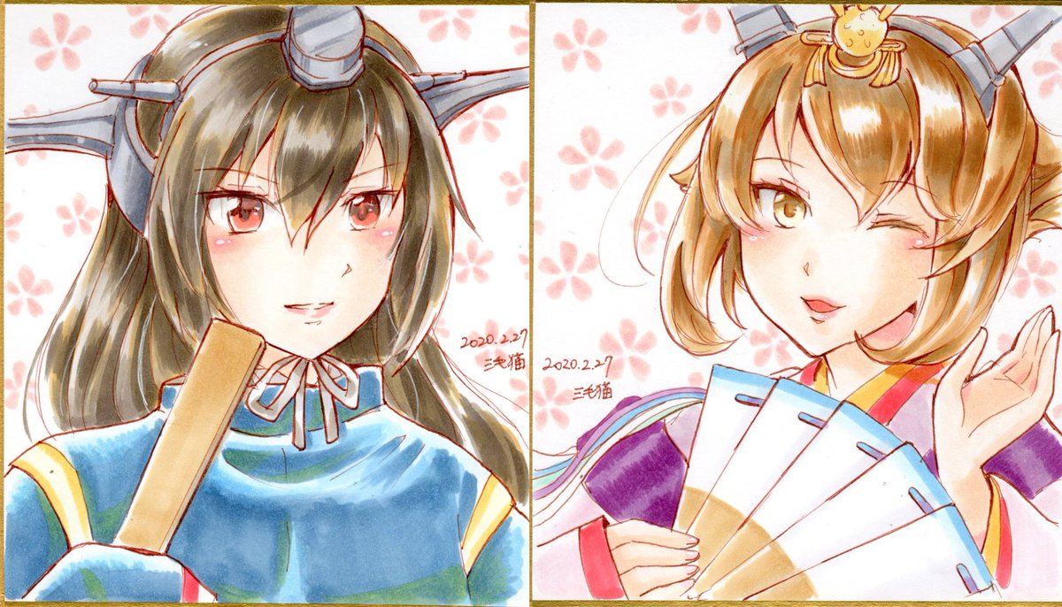 mutsu (kancolle) ,nagato (kancolle) 2girls multiple girls brown hair japanese clothes one eye closed headgear traditional media  illustration images