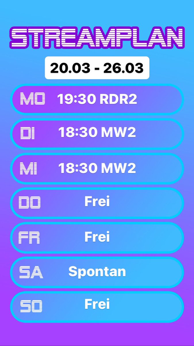 ttv_cyxhd's tweet photo. Moin Moin Freunde der Pommesarme!
Hier der Streamplan für die kommende Woche. Würde mich freuen wenn ihr vorbeischaut und eine geile Zeit gemeinsam mit mir habt. 
Startet gut in die neue Woche und bleibt gesund!
#SupportSmallStreamers #twitchde #TwitchAffilate https://t.co/NxNH0AeTug