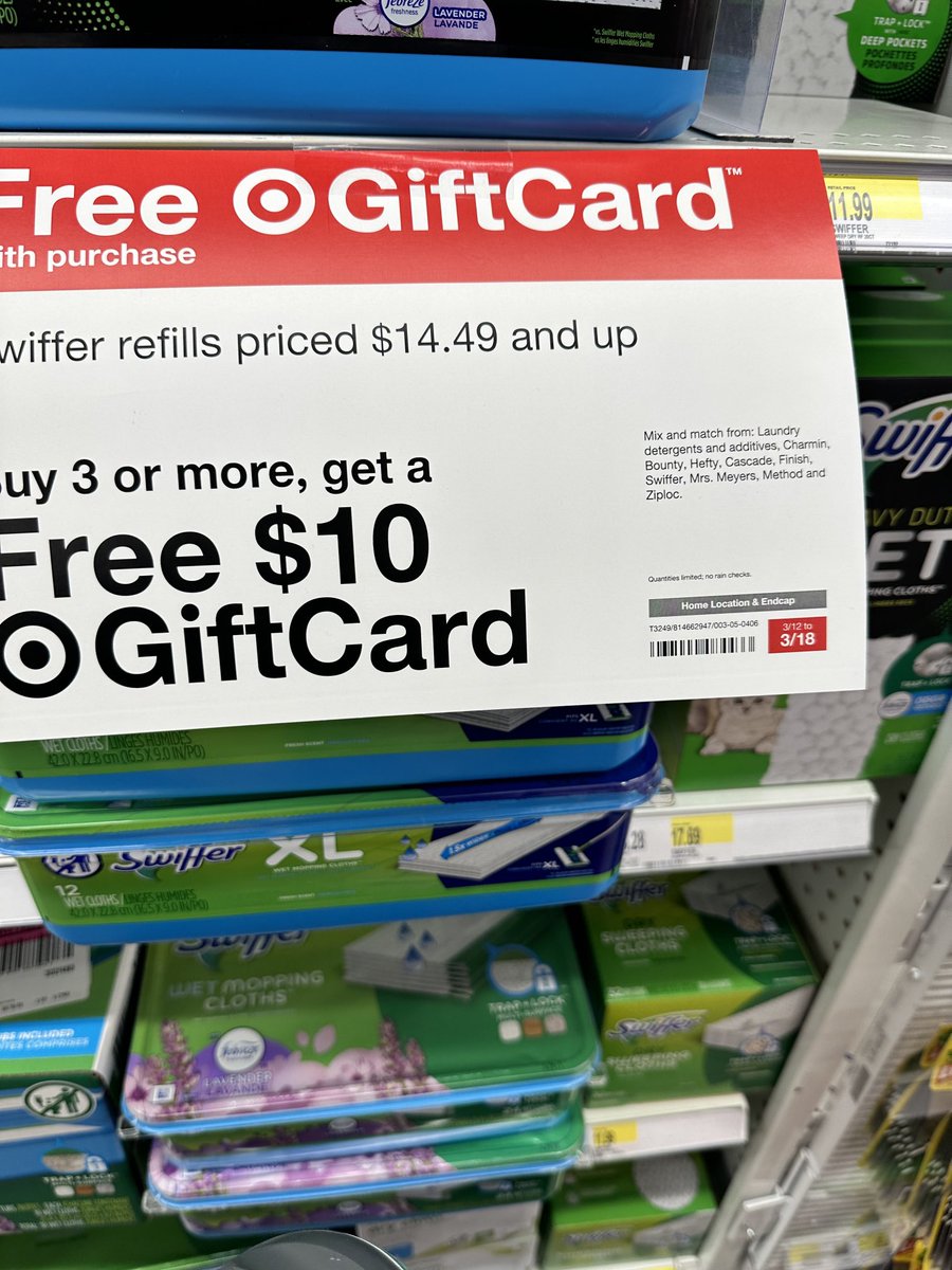 GameelaWright's tweet photo. ⁦@Target⁩ it would have been nice for there to have been signage that indicates that the customer has to go to the cashier in order to get the gift card. My mind reading skills aren’t really up to par. And I had already delivered the swiffer refills to my mom. #DoBetter 2/2 https://t.co/nUyu10f49J