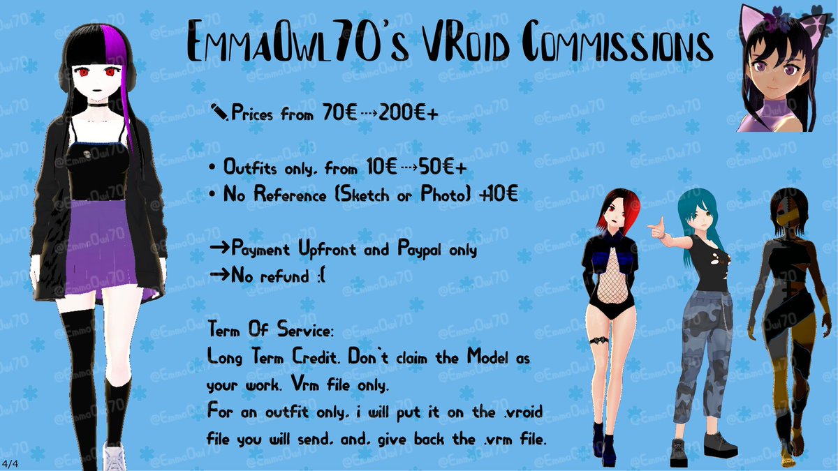 EOwl70's tweet photo. Hello, I'm EmmaOwl70 a Vroid Artist and I take Commissions!!

Prices starting at 70€

DM if you're interested.

#VRoidStudio #VroidCommission #Vfoid #CommissionsOpen #3DModel #Vtuber #KingdomHeart #Sora #VOCALOID #HatsuneMiku #KDA #Ahri https://t.co/NLLTjFGkMK