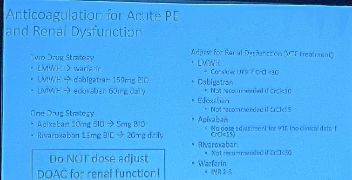 heatherlgornik's tweet image. So many tips on anticoagulant choice by @GBarnesMD crammed into a few minutes. One key reminder --- #DOACs are NOT dose adjusted for VTE Rx. If significant CKD need to choose anticoagulant carefully #23FellowsApp