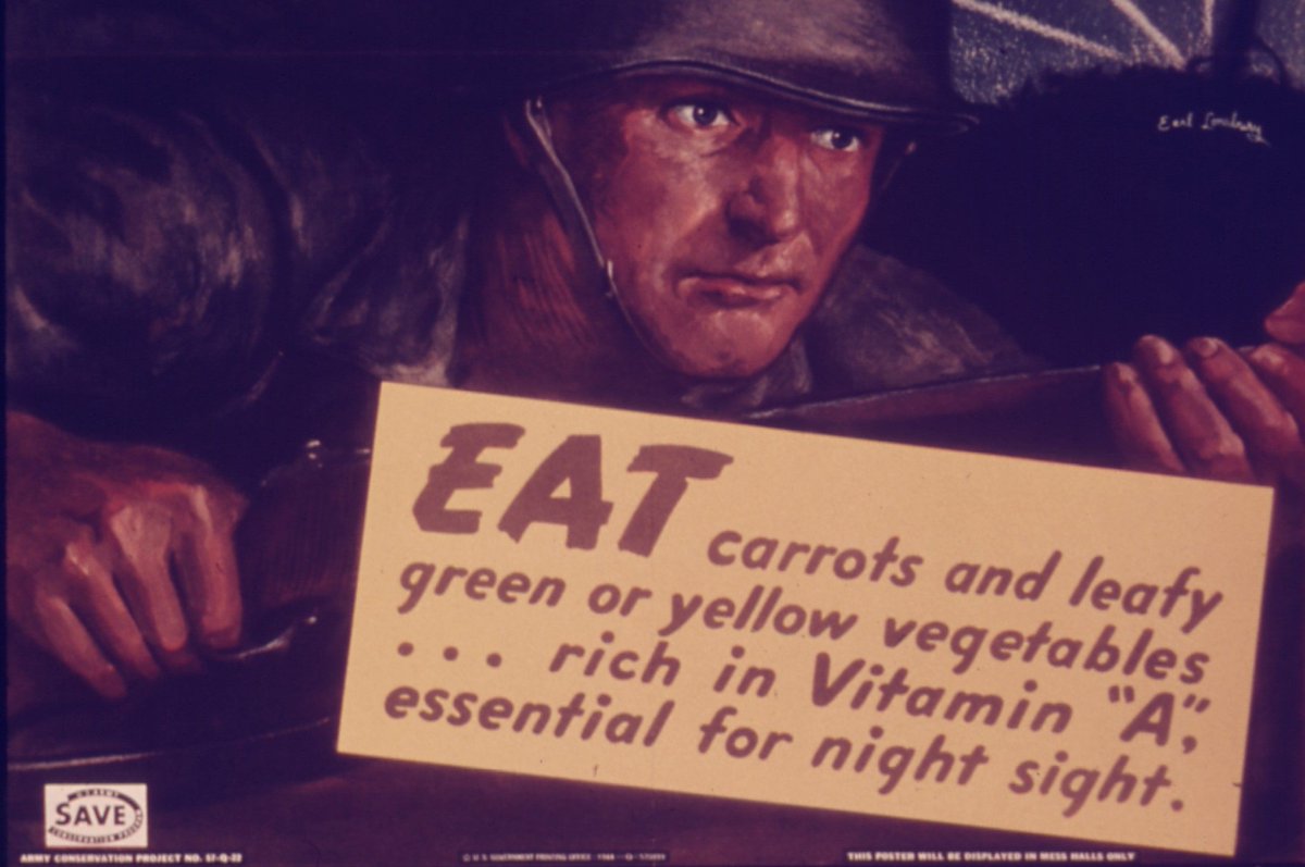 DrHelenFry's tweet photo. During WWII, British soldiers spread propaganda that eating carrots improved eyesight. 

In reality, this was a cover-up for the development of radar technology, which gave them an advantage in detecting early, incoming German air-raids. https://t.co/cz19jo6n4H