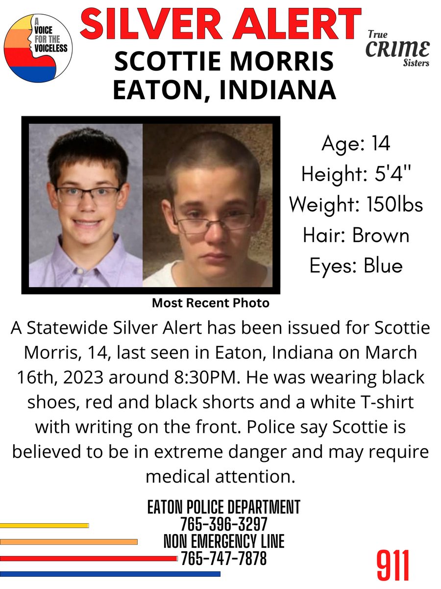 PLEASE‼️It only takes one second to share this #missingchild.
#SILVERAlert

A Statewide Silver Alert has been issued for #ScottieMorris, 14, last seen in #Eaton, #Indiana on March 16th, 2023 around 8:30PM.