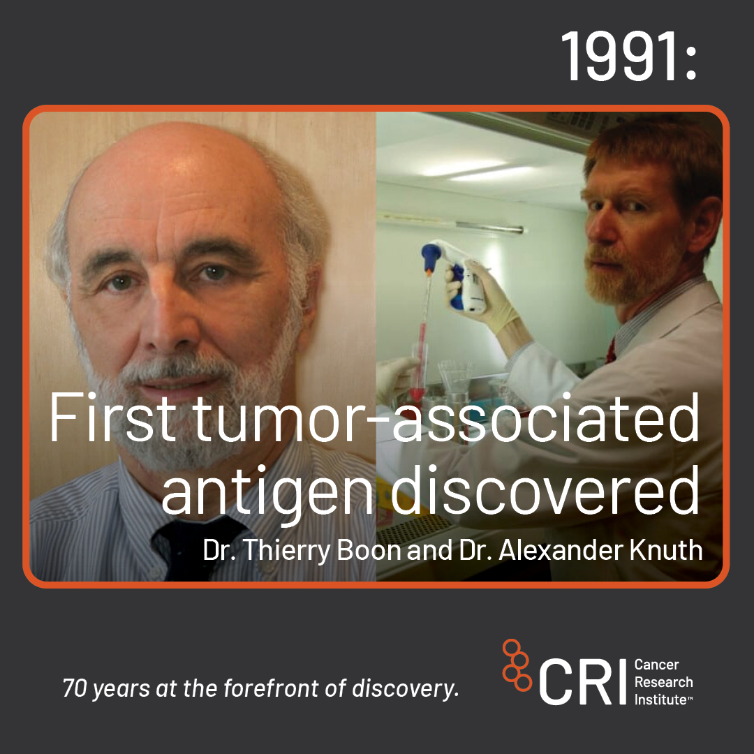 📍 In 1991, CRI-funded Dr. Boon and Dr. Knuth solved one of the oldest mysteries in tumor immunology – the so-called ‘needle in a haystack’ that enables the immune system’s T cells to recognize cancer cells. Visit the CRI Timeline to learn more: bit.ly/3XJspfe #CRI70