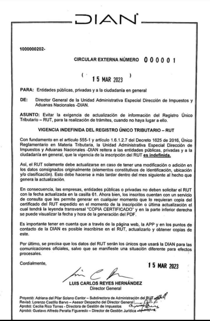 elmeroTenedor's tweet photo. El director de la Dian firmó la circular externa que le da vigencia indefinida al registro único tributario (RUT). https://t.co/fLvyL35PBw