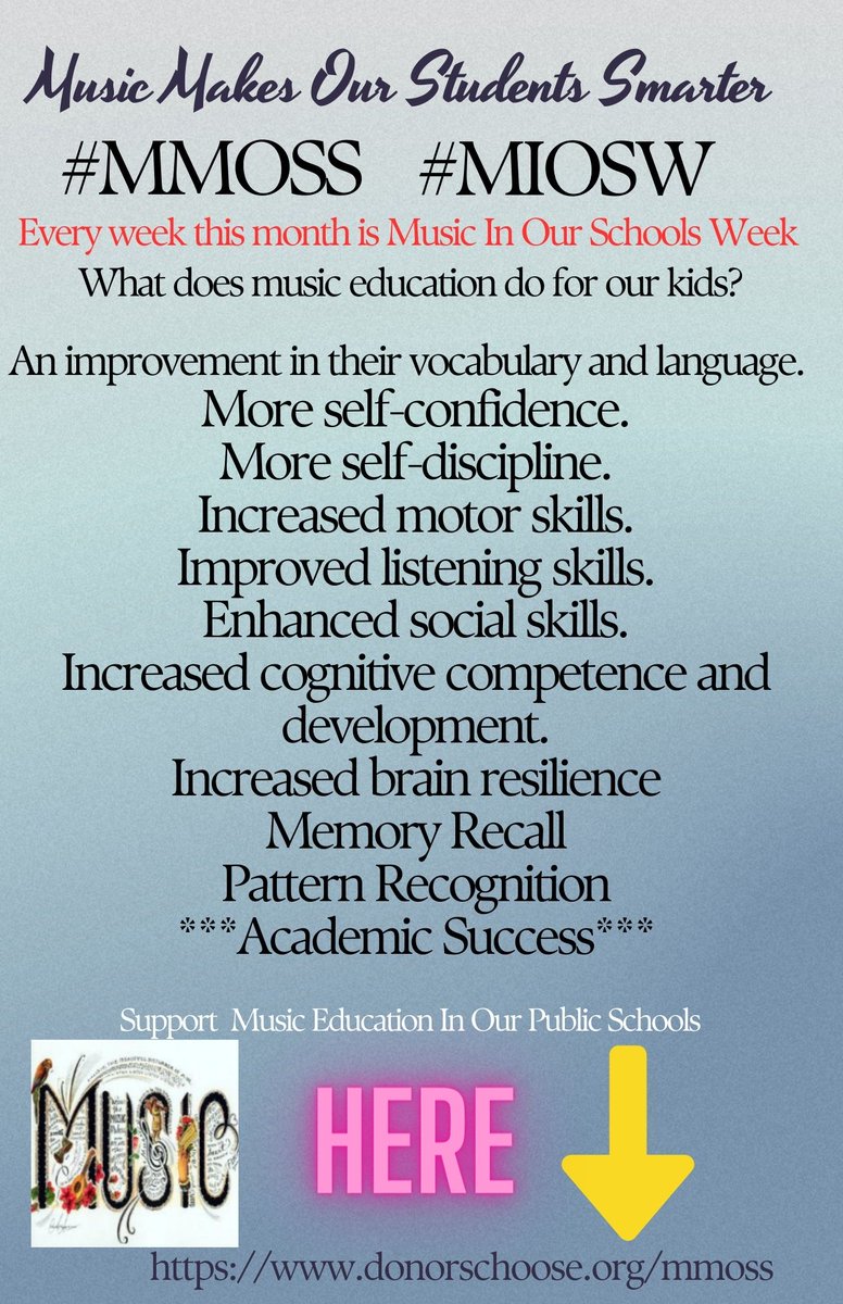 RescueMeHART's tweet image. Celebrating music educators every week this month! Here are just a few of the benefits. Did you know you can invest in the future of our kids with just a dollar? YOU CAN right here! #MIOSW #MMOSS #ItMatters
Thank you Ellie!

donorschoose.org/mmoss?active=t…