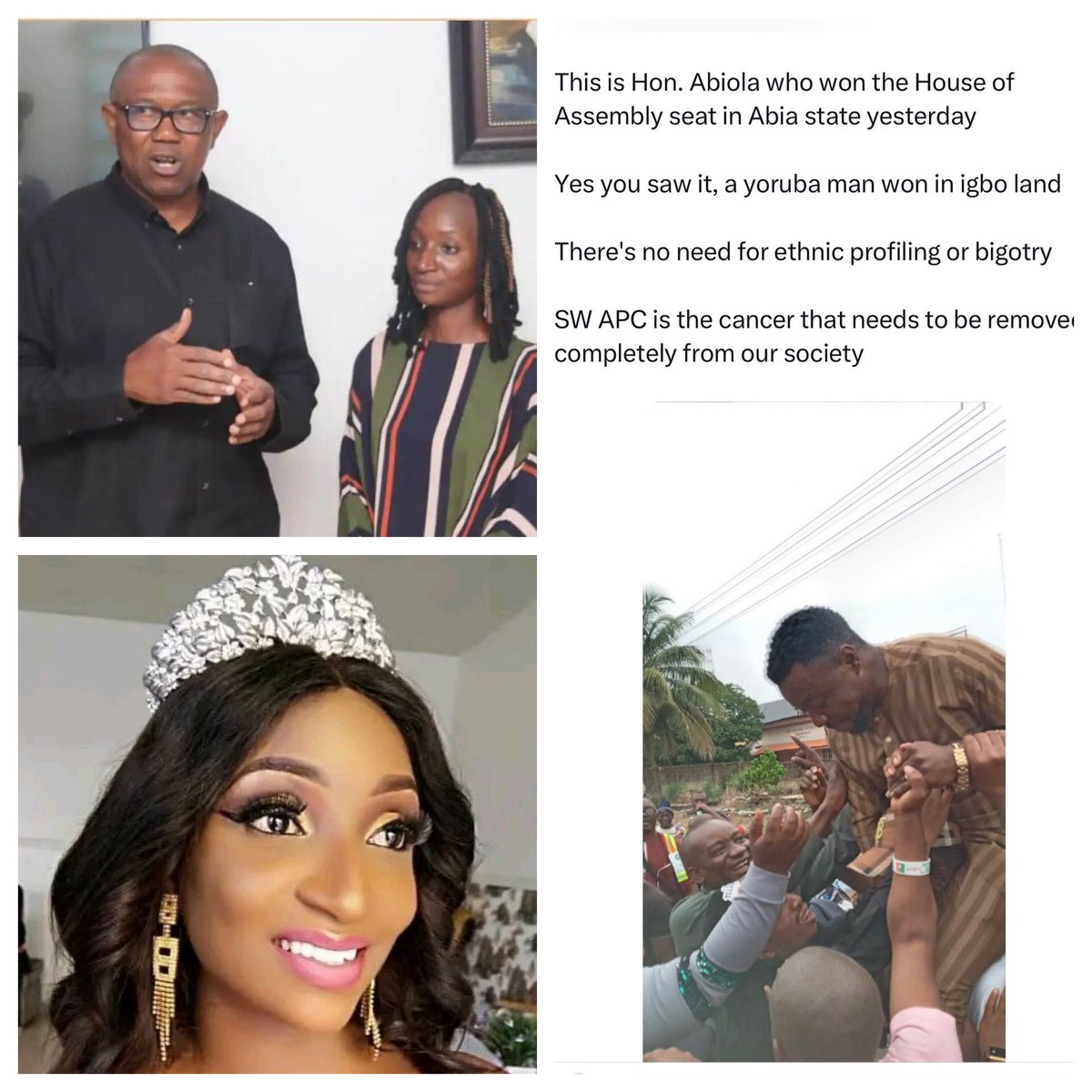 renoomokri's tweet photo. First Peter Obi lied and cried over a 'poor' girl who couldn't afford a ₦75k oven. Turns out she has a loaded dad and is a member of Obi's PCC. Then they said a Yoruba was elected in Abia. Turns out he is Igbo. Ellu P stands for Lying Party!

#TableShaker #NigerianElections2023 https://t.co/kzRTAoS5q2