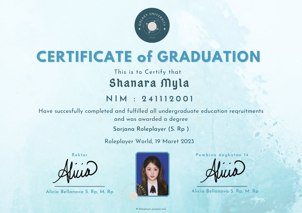 <a href="/jenaiscentx/">Jennara</a> <a href="/jgendral/">Sergaf, Wright.</a> @adirnata_x ️️
️️
️️
"Saya ucapkan selamat kepada shanara Myla ( <a href="/jenaiscentx/">Jennara</a> ) Dan Rubby Adira ( @adirnata_x ) resmi lulus dari Galaxy University angkatan 12, silakan kembali ke tempat dan terima kasih"    
️️
️️
️️