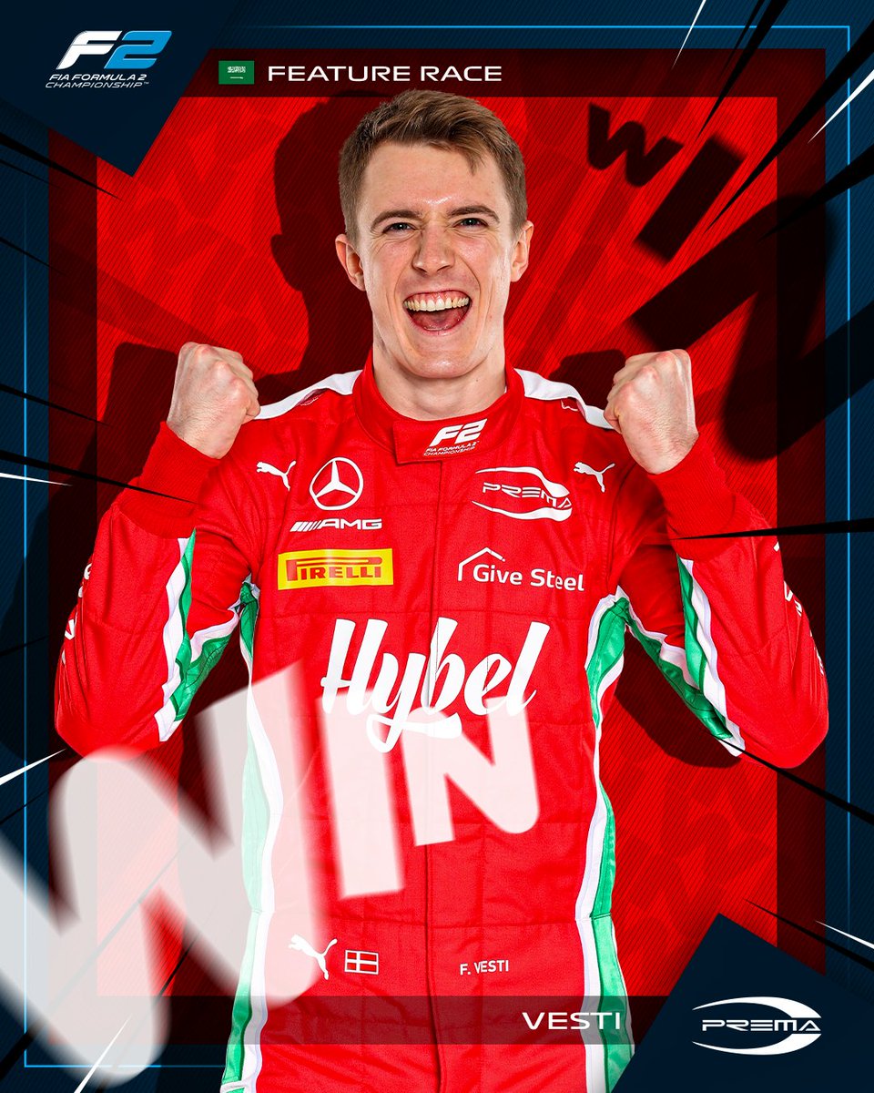 Formula2's tweet photo. FREDERIK VESTI WINS!!!! 🏆

It's a mega performance by the @MercedesAMGF1 Academy driver in Saudi Arabia 👊

He started from P6 and put in a solid stint to capitalise on the race lead! 💪

#SaudiArabianGP #F2 @PREMA_Team https://t.co/YuxfmzdEPR