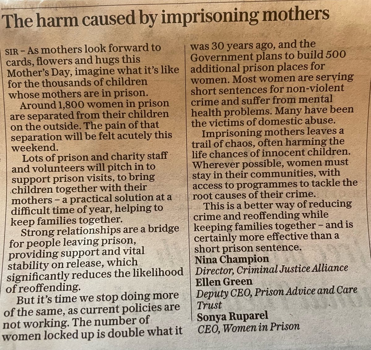 This #MothersDay we want to see the common sense solutions set out in our response to <a href="/ChildrensComm/">Children's Commissioner for England</a>, implemented so children impacted by family imprisonment are better supported &amp; more families kept together in community. <a href="/MoJGovUK/">Ministry of Justice</a> <a href="/Telegraph/">The Telegraph</a>
criminaljusticealliance.org/cja-resources/…