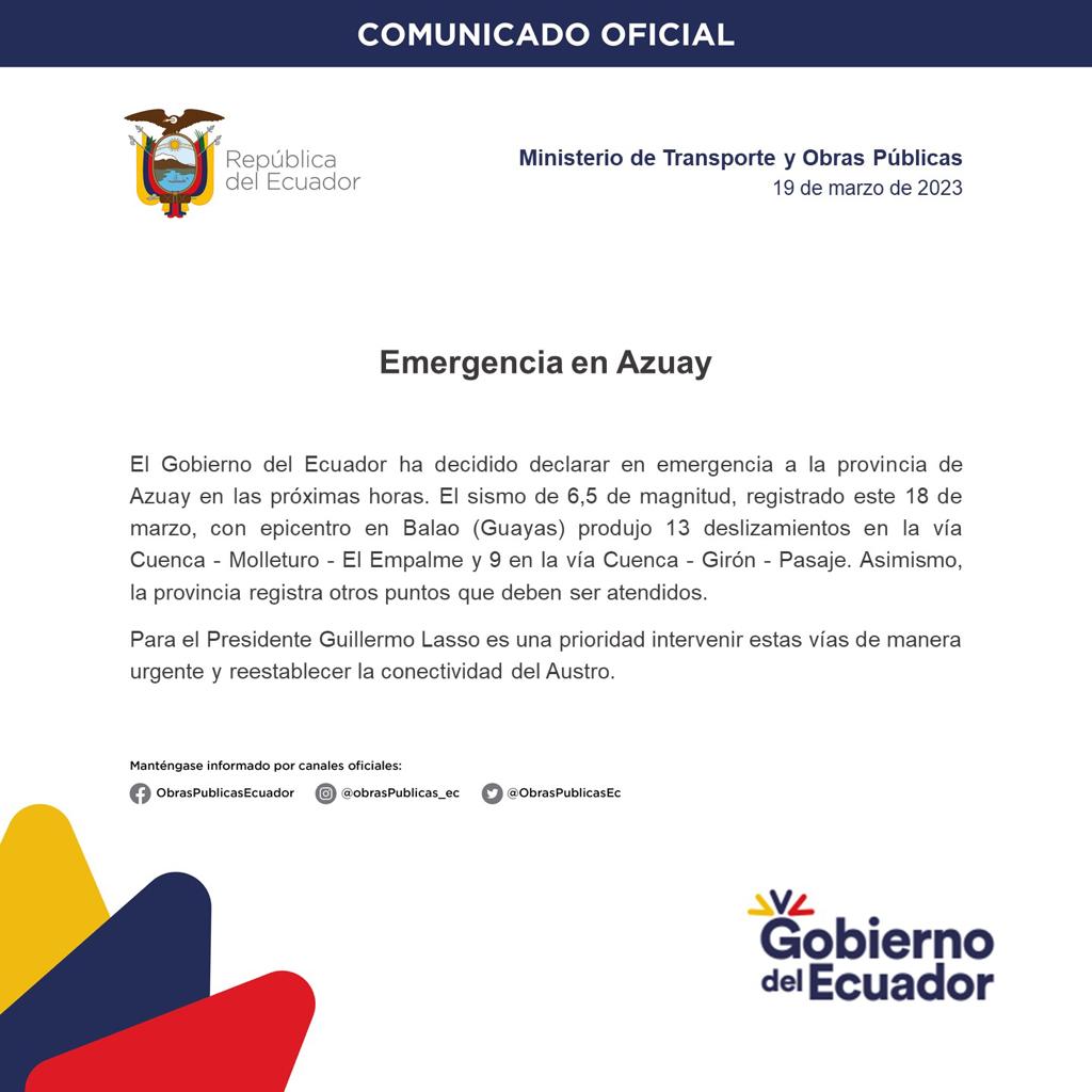 La Secretaría General de Comunicación de la Presidencia detalla información actualizada de @ObrasPublicasEc.

#CruzadaPorElEcuador
