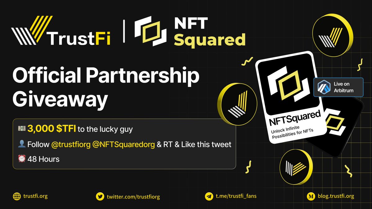 trustfiorg's tweet photo. ๐ฃTrustFi Airdrop celebrating
@nftsquaredorg Partnership
๐ฅ3,000$TFI to 1 user who complete social tasks
๐Tag 3 Friends & Reply w/ your BNB address
๐Follow @trustfiorg & @NFTSquaredorg
๐Tweet about NFTยฒ features w/ #NFTSquared #TrustFi #ARB #arbitrum #Airdrop @nftsquaredorg https://t.co/FT9LGDVWIU