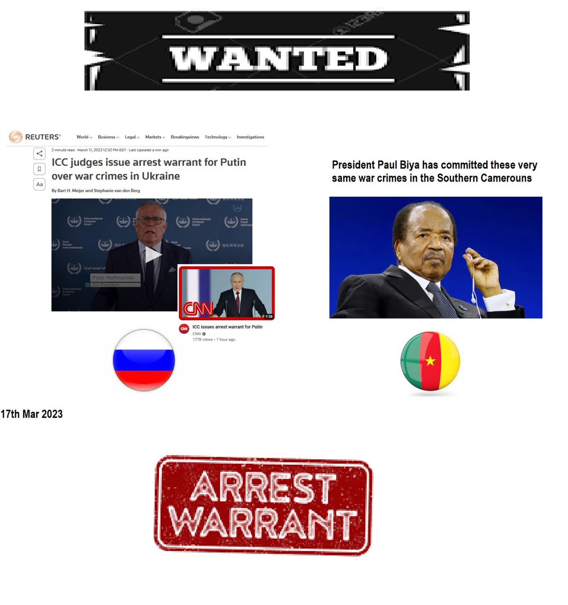 AnyangweProf's tweet photo. "Biya, like Putin, is a notorious perpetrator of crimes against humanity. In the eyes of international criminal law, he deserves the same treatment as Putin. 
@PR_Paul_BIYA
@Kremlinologist1 
@ICC
@EmilyThornberry 
@ClaudiaWebbe 
@hrw 
@USEmbYaounde 
@CanadaCameroon https://t.co/dmRBIj7OFY