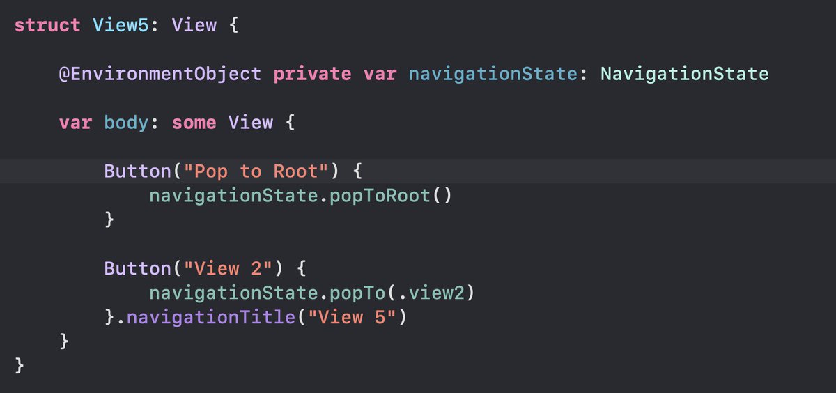 Sometimes you want to jump from View 5 to View 2 or View 4 to root. In those cases you can use NavigationStack in iOS 16. 

#SwiftUI