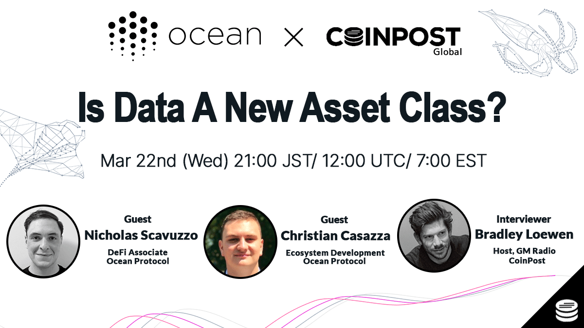 cwwwm3's tweet photo. 📣Our next #GMRadio will feature @oceanprotocol, a set of large-scale data tools.

👥Our guests will be @Scavuzzzo33 and @CasazzaNY.

🎙️Tune in to hear about data markets, data farming, data science challenges, Ocean's grants, and much more!
https://t.co/gJ5N7jbw3d https://t.co/FaZQaS1wGN