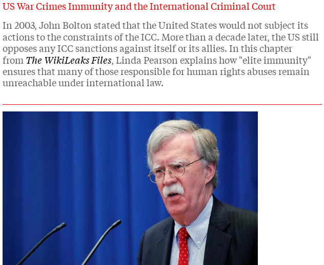 WikiLeaks on X: "WikiLeaks cables released by Julian Assange show how after the US invasions of Iraq and Afghanistan, John Bolton tried to undermine # ICC war crimes prosecutions by strong arming countries