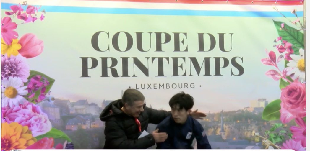 SylviaUnseen's tweet photo. Congratulations @ma_jimmy - first international 🥇 at 2023 Coupe du Printemps today! 😊 
(Screenshots ⬇️ of coach Boyko Alexiev reacting before they shake hands in the kiss &amp; cry! 😁)
#CdP2023 https://t.co/Sln8DeqRVY
