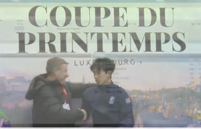 SylviaUnseen's tweet photo. Congratulations @ma_jimmy - first international 🥇 at 2023 Coupe du Printemps today! 😊 
(Screenshots ⬇️ of coach Boyko Alexiev reacting before they shake hands in the kiss &amp; cry! 😁)
#CdP2023 https://t.co/Sln8DeqRVY