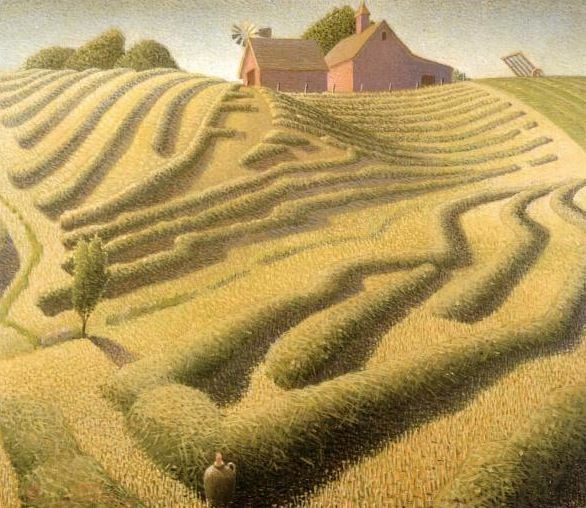 Grant_D_Wood's tweet image. Haying, 1939 #grantwood #regionalism wikiart.org/en/grant-wood/…