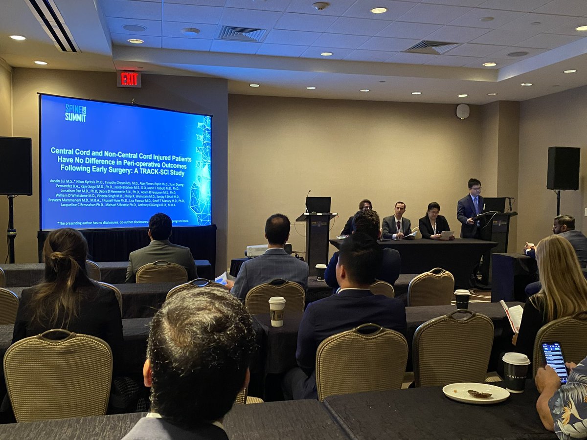 AustinLui7's tweet photo. Thankful to be able to present our research on peri-operative outcomes in central cord vs non-central cord patients at the 2023 spine summit! As always, thanks to @DrDiGiorgio for all the guidance! #2023spinesummit #DPSN https://t.co/E8GJ3LDyya