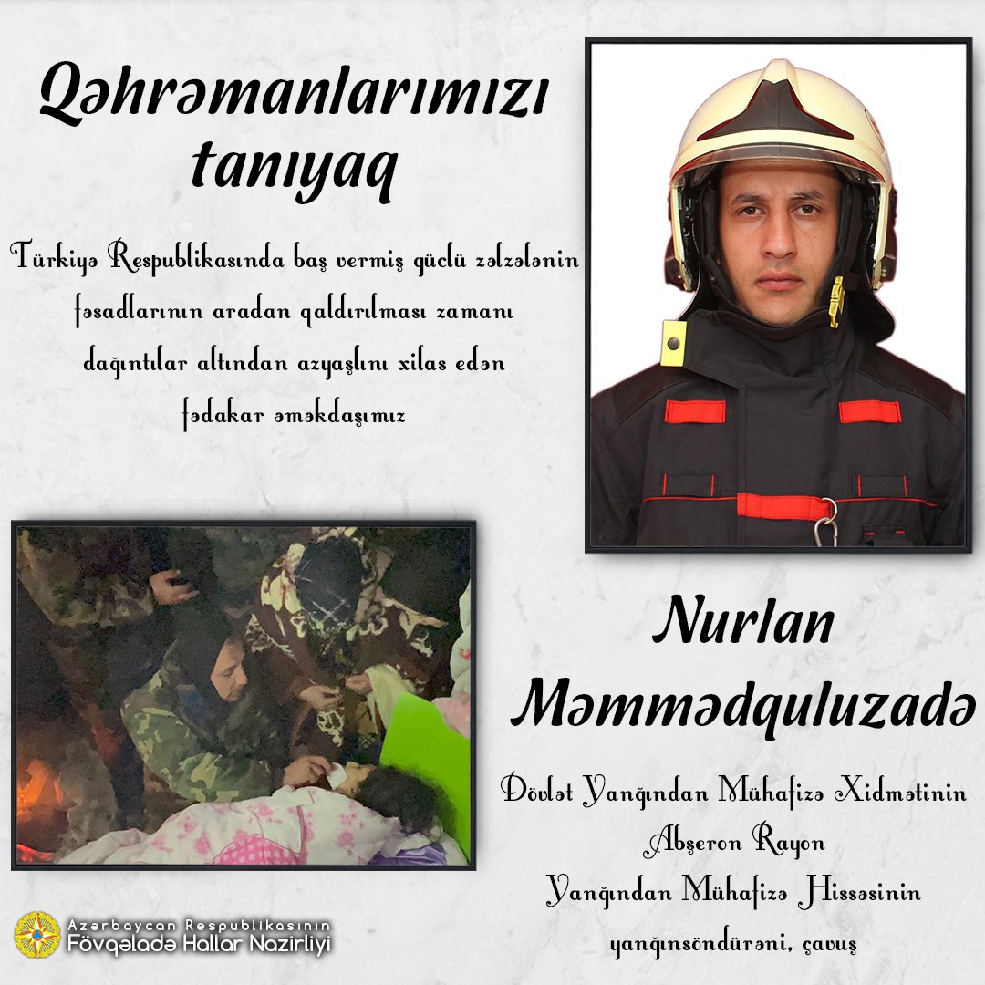 azerbaycanfhn's tweet photo. Türkiyə Respublikasında baş vermiş güclü zəlzələnin fəsadlarının aradan qaldırılması zamanı dağıntılar altından azyaşlını xilas edən fədakar əməkdaşımız
#FHN #azerbaycanfhn #qəhrəmanlarımızıtanıyaq #fövqəladəhallarnazirliyi #xilasetmə #mülkimüdafiə #bakıregionalmərkəz #DYMX https://t.co/dWiaB7VAYm