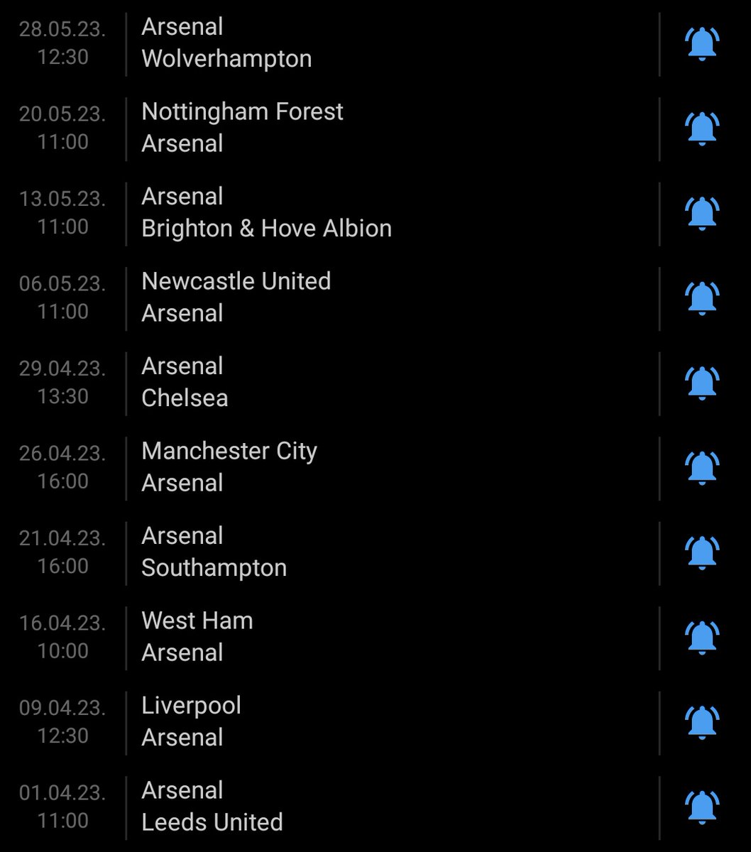 _jjuani's tweet photo. Así serían las últimas 10 finales para el Arsenal. Son los únicos partidos que tiene por jugar y todos con 7 días de diferencia salvo el del City. 

Yo creo que sacamos 26/30 pts. https://t.co/qWmz0Lgdk2