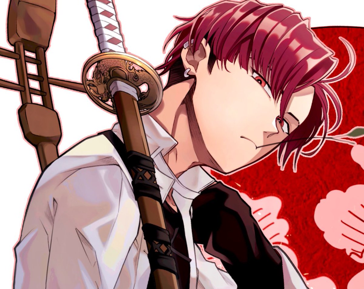 1boy male focus weapon sword solo red hair katana  illustration images
