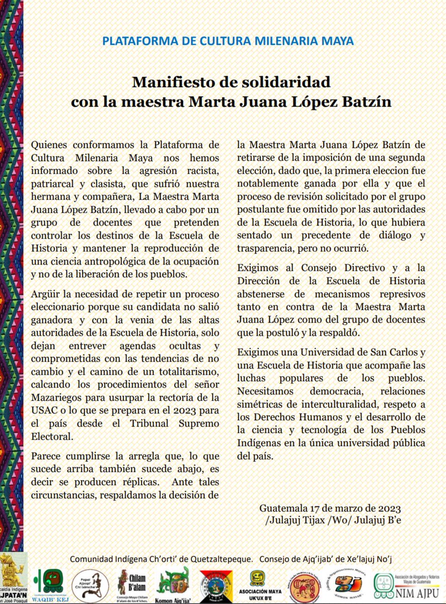 Solidaridad con la docente Marta Juana López Batzin, quién enfrenta la arbitrariedad de un grupo de docentes de la Escuela de Historia de la Universidad de San Carlos <a href="/usacenlinea/">usacenlinea</a>.

¡Por una universidad estatal autónoma al servicio del pueblo!
