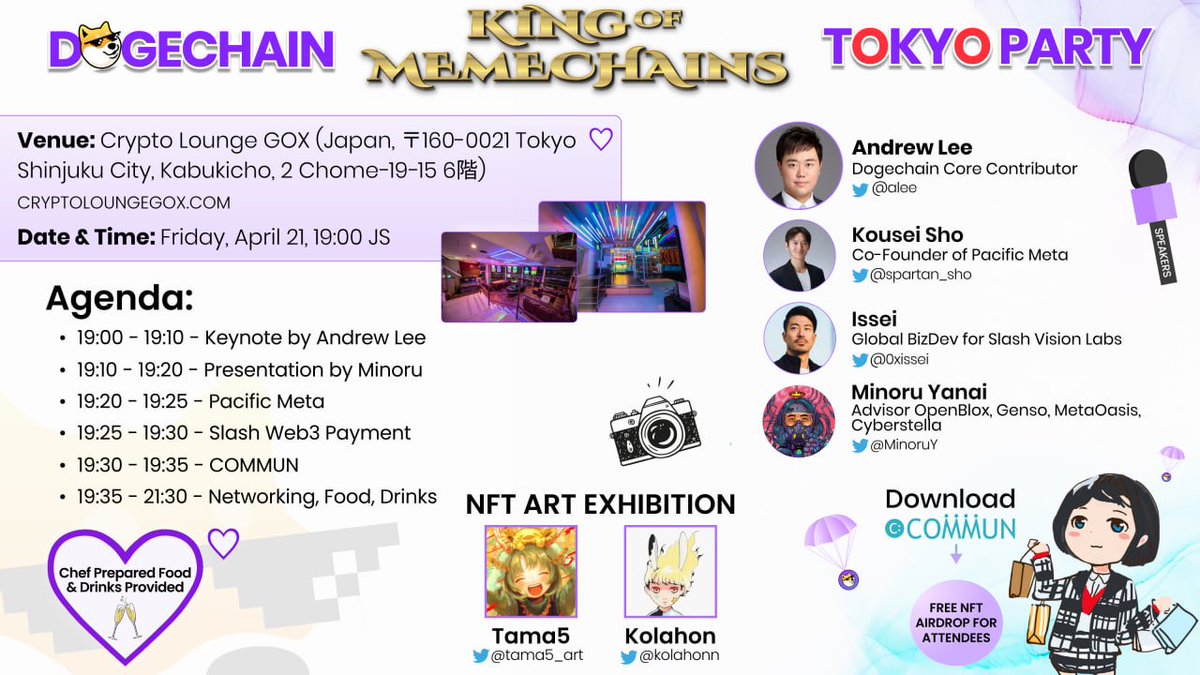 1/3
The next stage of the #DogechainWorldTour is in Tokyo, Japan!

Where and when?
📅 Apr 19, 1900 JS - Crypto Lounge GOX

🌐 bit.ly/3ZZy7uS

On the menu?
🔸Networking and partying with the core team
🔸NFT artist exhibition and giveaways
🔸Keynotes from exciting speakers
