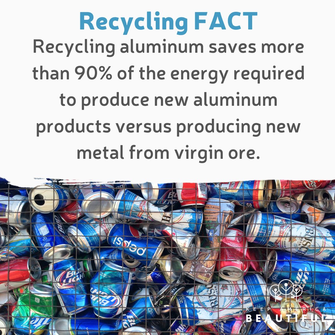recyclesday's tweet image. RECYCLE FACT: Recycling aluminum saves more than 90% of the energy required to produce new aluminum products versus producing new metal from virgin ore. #Berecycled

#HowIKeepAmericaBeautiful #SustainableLifestyle #DoBeautifulThings