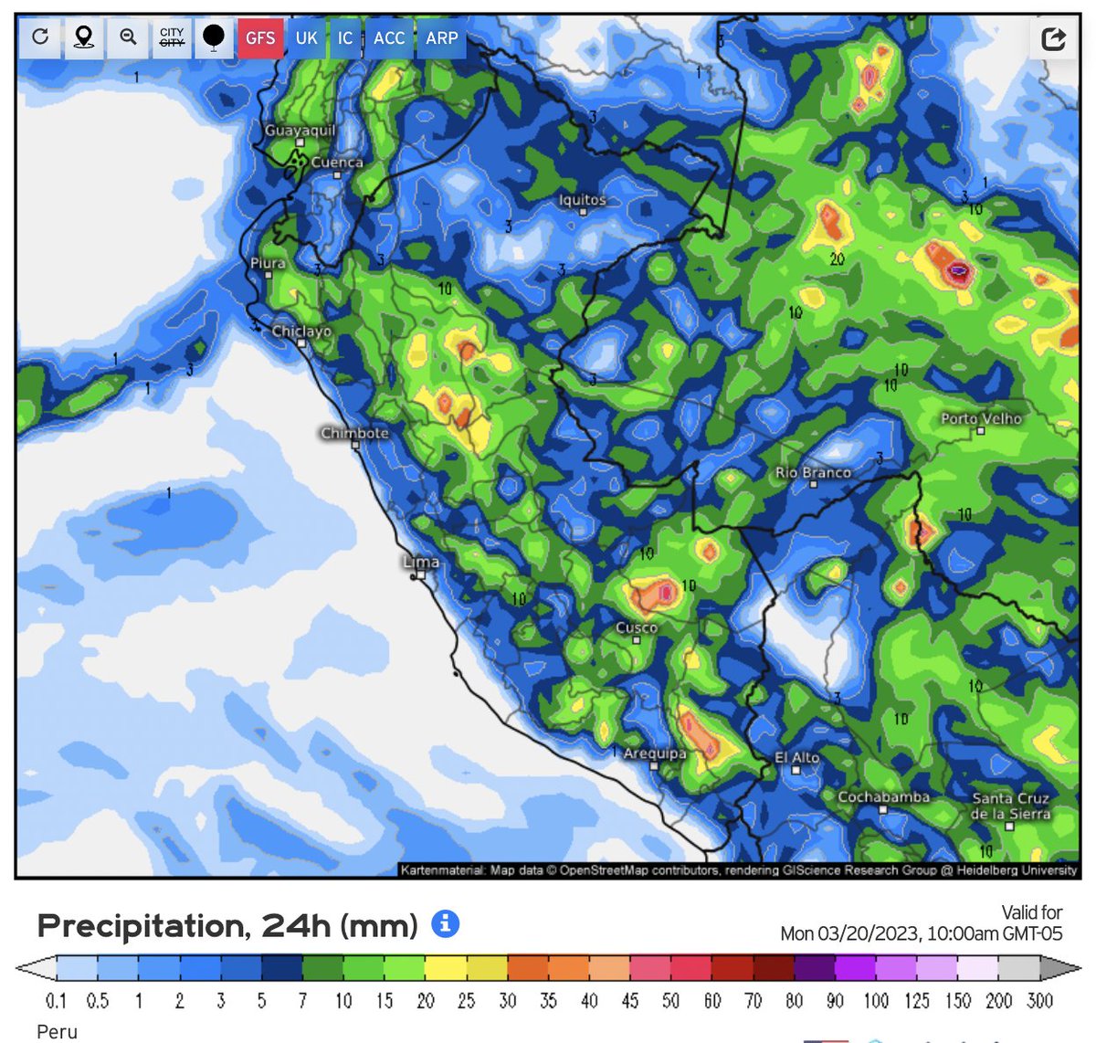 hombredeltiempo's tweet photo. Pronóstico de #lluvias acumuladas en 24 horas: 10AM de hoy y mañana lunes. 
Modelo #GFS inicializado hoy a la 1AM.
#Lluvias disminuirían en la sierra central y serían moderadas en la costa norte hacia zonas altas.
Hoy es el último día del verano.
Otoño arranca lunes 16:24hrs https://t.co/mmNSAILULU