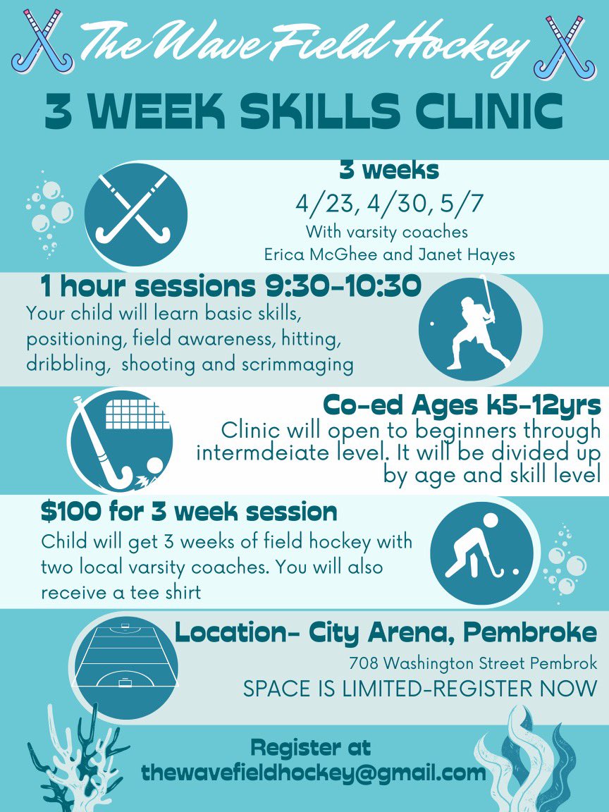 Join varsity field hockey coaches Erica McGhee (Silver Lake) and Janet Hayes (Plymouth North) for a 3 week youth skills clinic! Co-ed ages 5K-12
