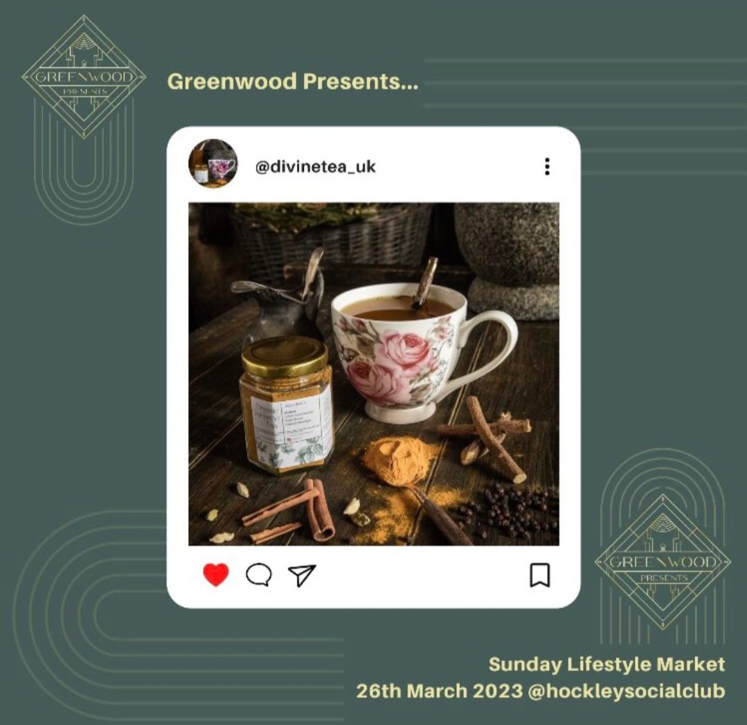 I'll be at @greenwdpresents next Sunday. My first market of the year @HockleySocialCl 
#divineteatribers #mhhsbd #shopindie #smartsocial 
#meetthemaker

Come along and say hi 👋