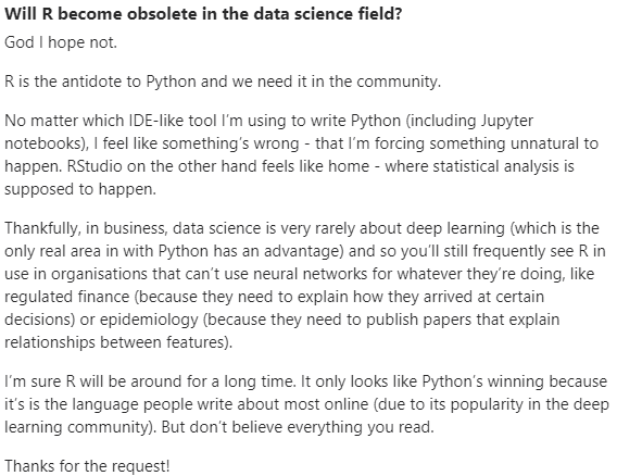 OzancanOzdemir's tweet photo. I just saw this post on Quora, and I'd like to ask the same questions to the ones dealing with data science. Will R become obsolete in DS? My answer is similar to the one in the post btw. #rstats #python #datascience #stattwitter #biostat #stat
https://t.co/kVkFgMw587 https://t.co/9yKv4ouzZD