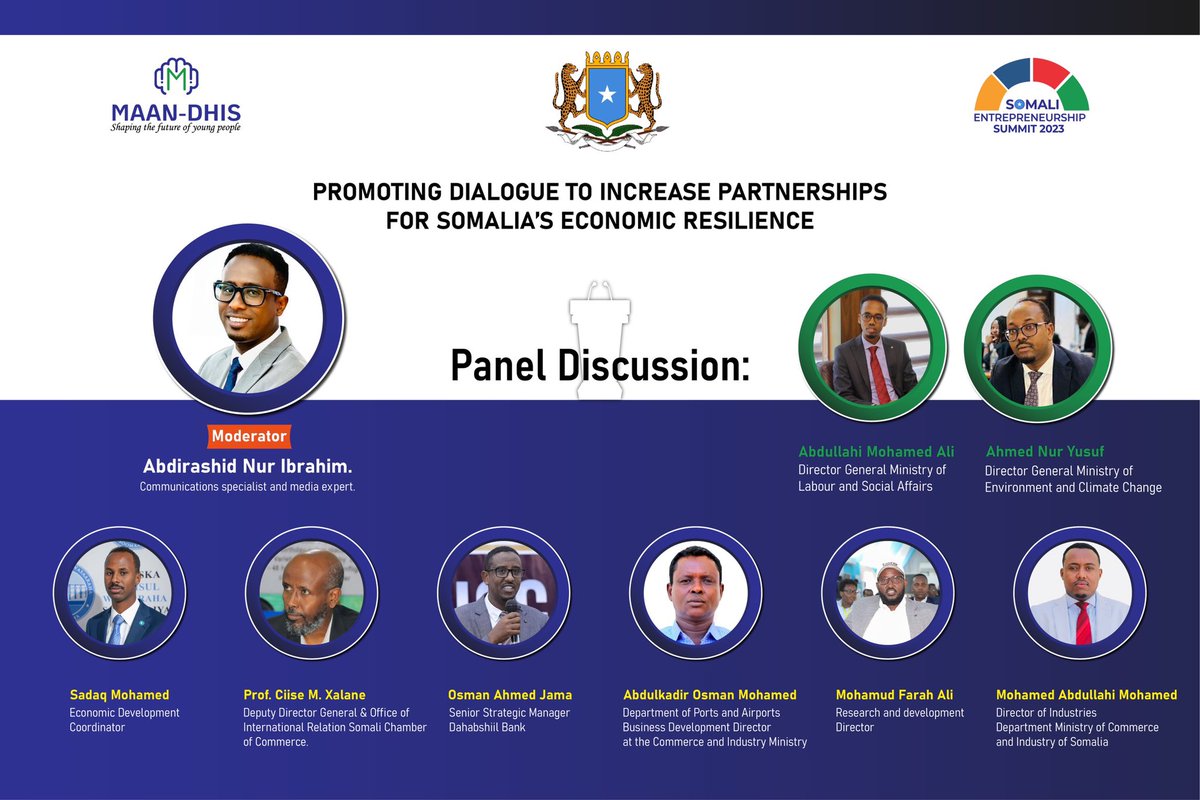 Maandhis_Youth's tweet photo. It’s privilege for @Maandhis_Youth to introduce you the 1st panel discussion at the upcoming #SES2023 summit. The topic will be "Promoting dialogue to increase partnerships for Somalia’s economic resilience". #Somalia
@UNDPAfrica @USAIDSomalia @KhadijaMakhzumi @ElmiNur4 https://t.co/n6ImrhLOCf