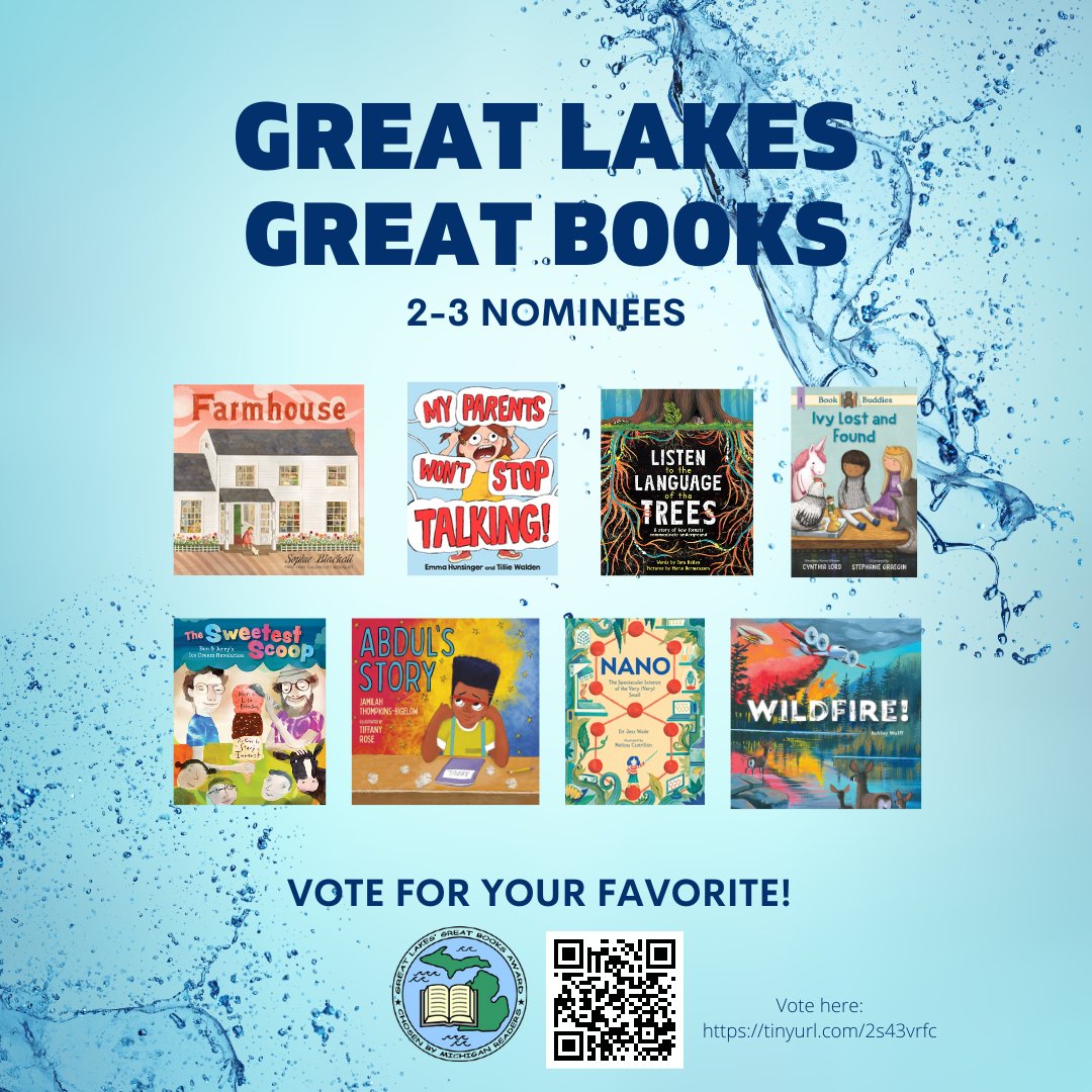 We are pleased to announce the 2023-24 Nominees for the Great Lakes Great Books Award! Nominees for 2nd-3rd Grade: @SophieBlackall @MarieHermansson, @Steph_Graegin, @elisaitw, @StacyInnerst, @jtbigelow, @aSouthpawDraws, @jesswade, @mv_castrillon Congratulations, nominees!