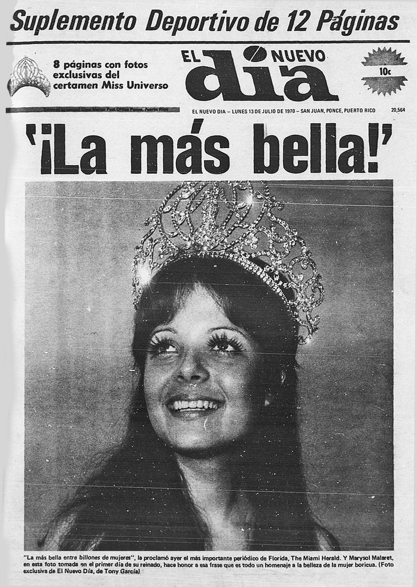 ElNuevoDia's tweet photo. El triunfo de Marisol Malaret como la primera puertorriqueña en obtener la corona de Miss Universo es uno de esos emotivos recuerdos en nuestra historia colectiva. Tras su fallecimiento El Nuevo Día te comparte "la portada que lo cambió todo". https://t.co/ByB7WF7uTX https://t.co/xOcEiZbpsk