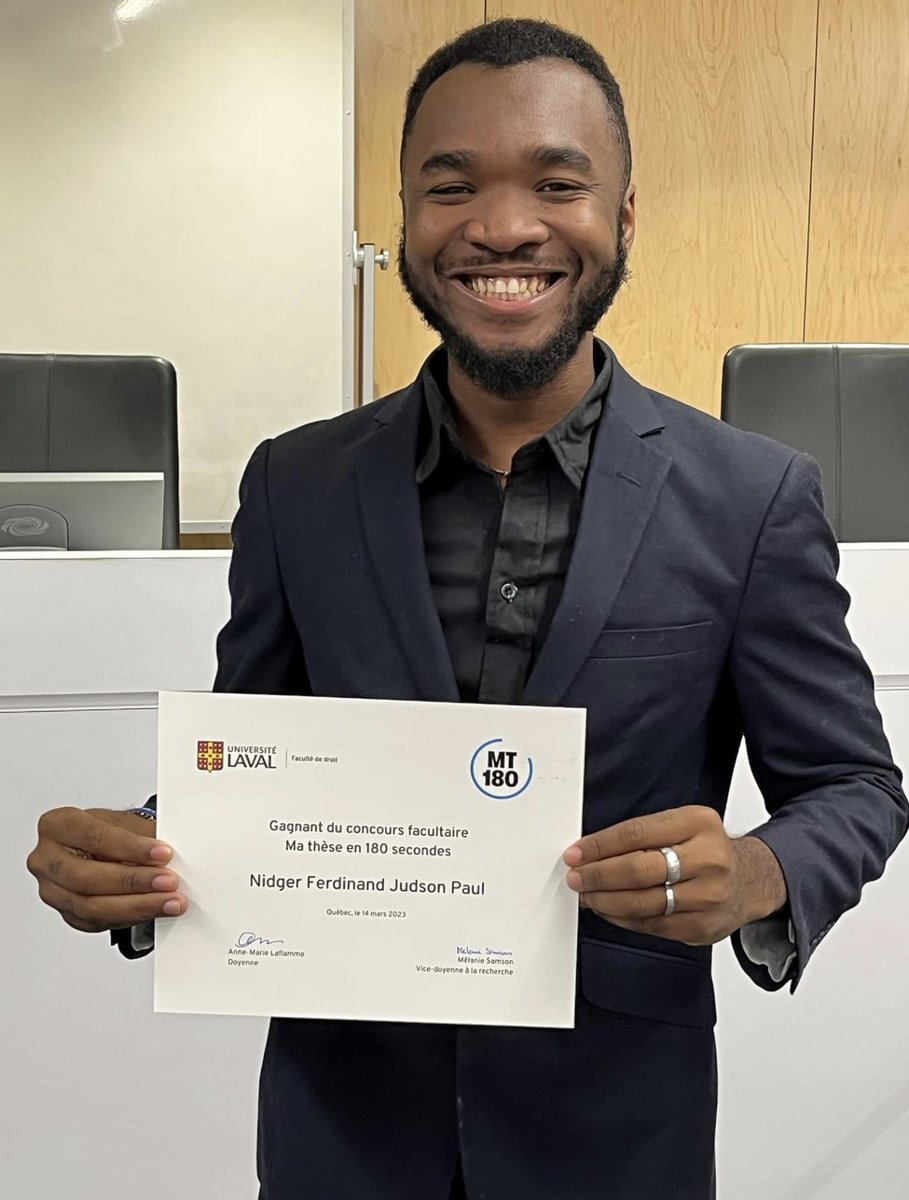 robbygeff's tweet photo. Compliments à Nidger Paul membre de l'Association des étudiants haïtiens de l'Université Laval, gagnant du Concours "Ma thèse en 180 secondes", de l'Université Laval pour sa thèse intitulée " L'éradication de la violence domestique: un élan mondial". Compliments Nidger! #Haiti https://t.co/HSlOwM977k