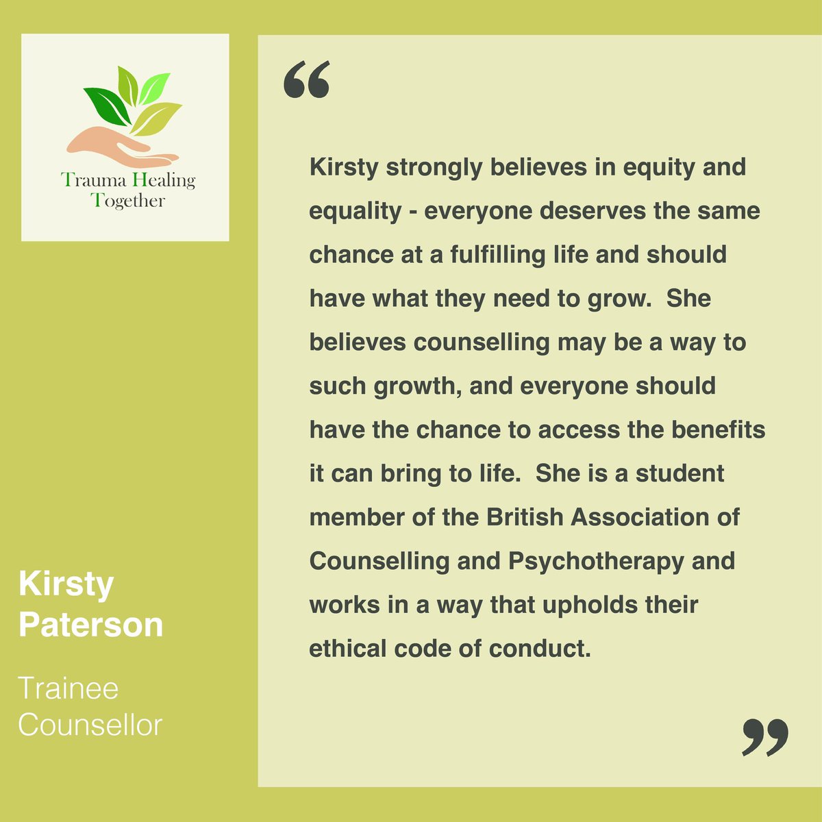 🙌 Meet the team 🙌

A brand new week is coming soon! This week, we are delighted to introduce you to Kirsty Paterson, our trainee counsellor!

#traumahealing #traumarecovery #charity #psychology #trauma #healing #healingtrauma #positivevibes #charityorganization