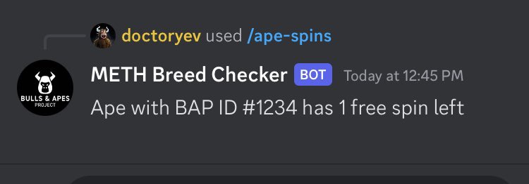 xpickr's tweet image. Command is live to check if any free lootbox spins remain.

/ape-spins 

In the Discord. 

Can check any Ape for instant data before purchasing on secondary @BullsApesProj 

Should help for those of you sniping new listings.

#BAPtech #TheConfigurator